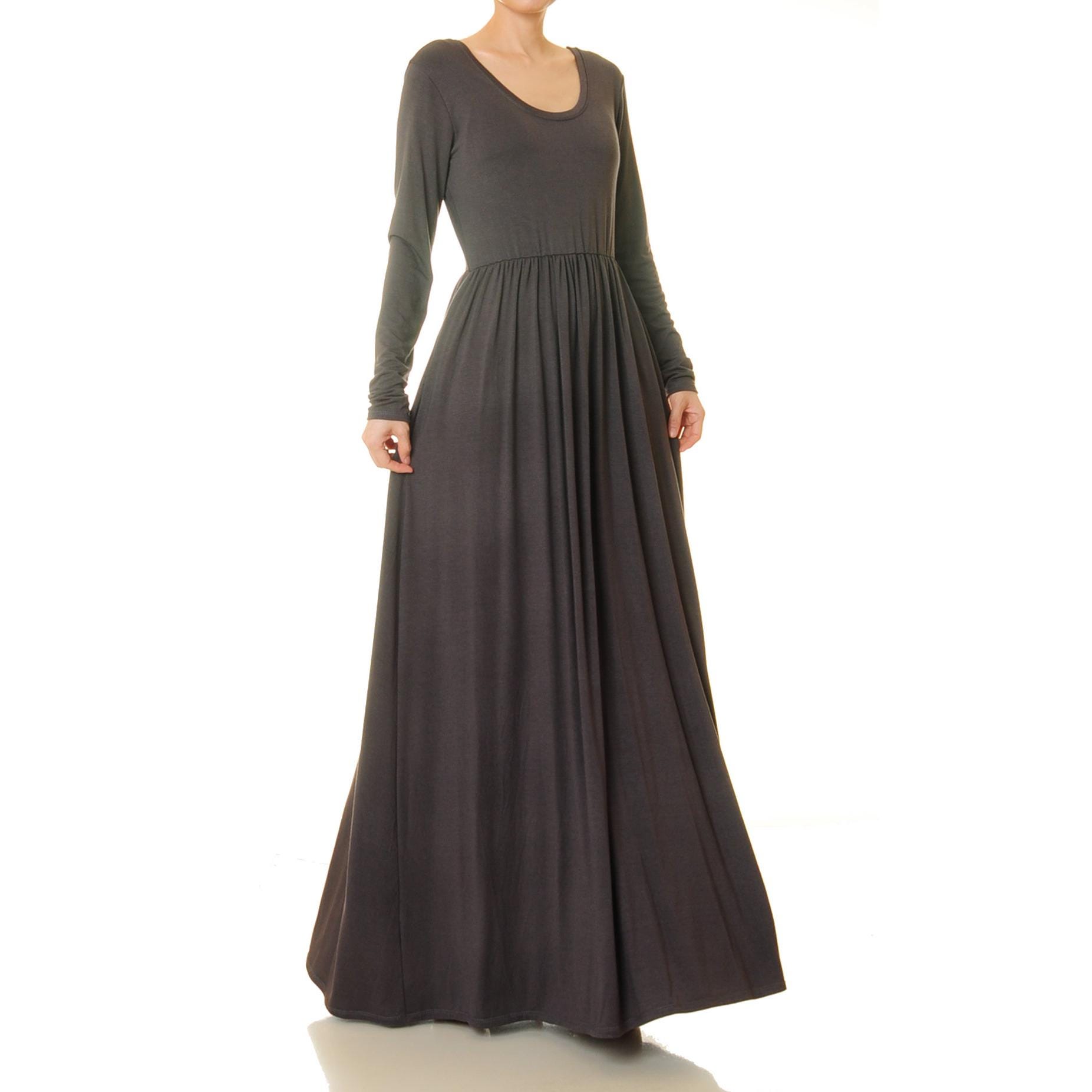 Grey Long Sleeve Maxi Dress: Low Back, Fit & Flare Knit with Pockets