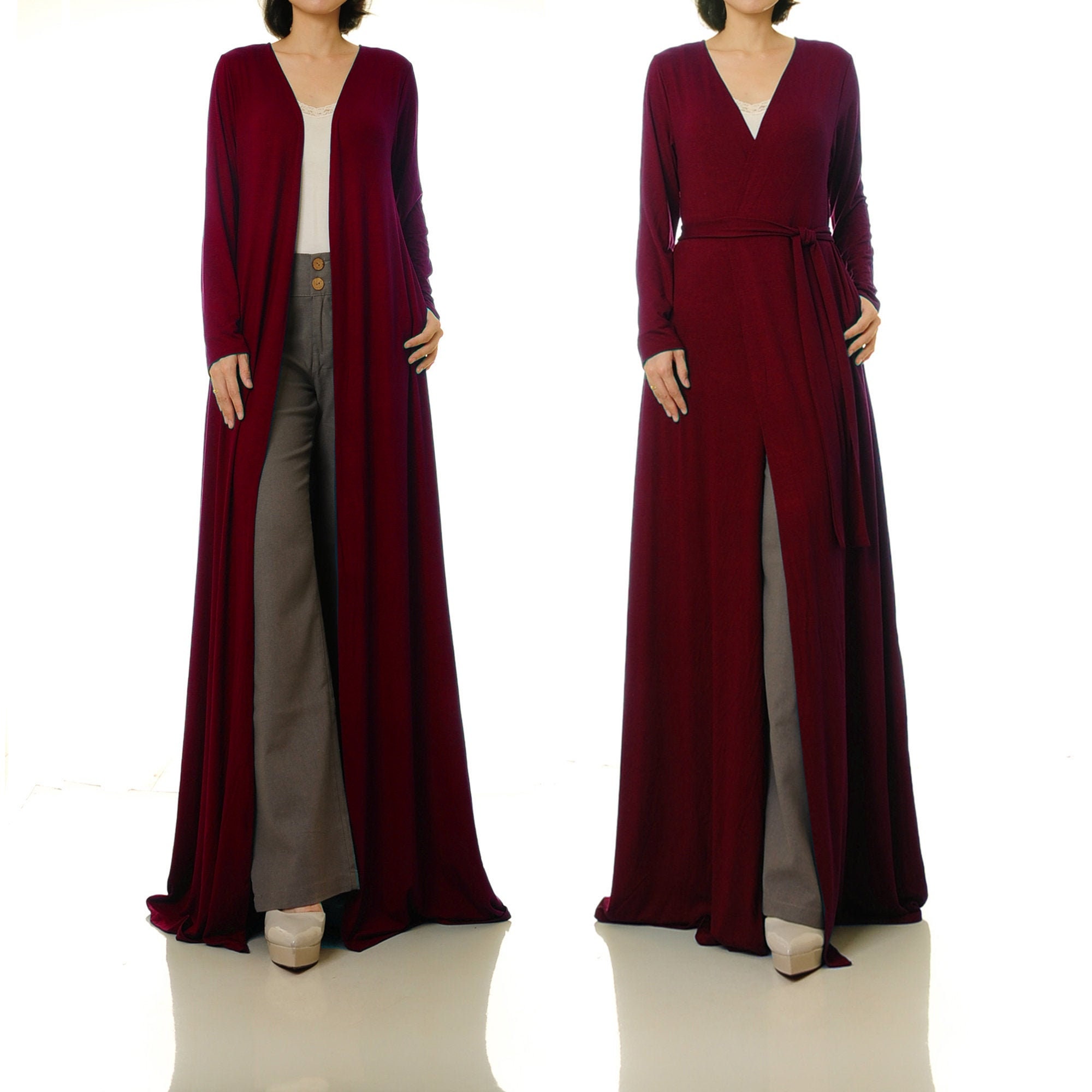 Burgundy Red Cardigan W Pocket Long 