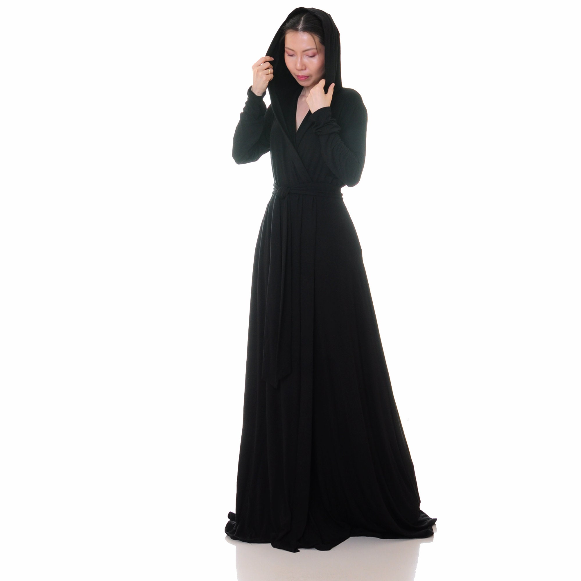 Black Hooded Robe Pockets Full Length Hoodie Kimono Cardigan Etsy