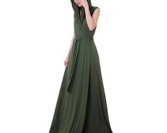 Olive Green Hooded Vest Robe: Sleeveless Wrap Maxi Dress