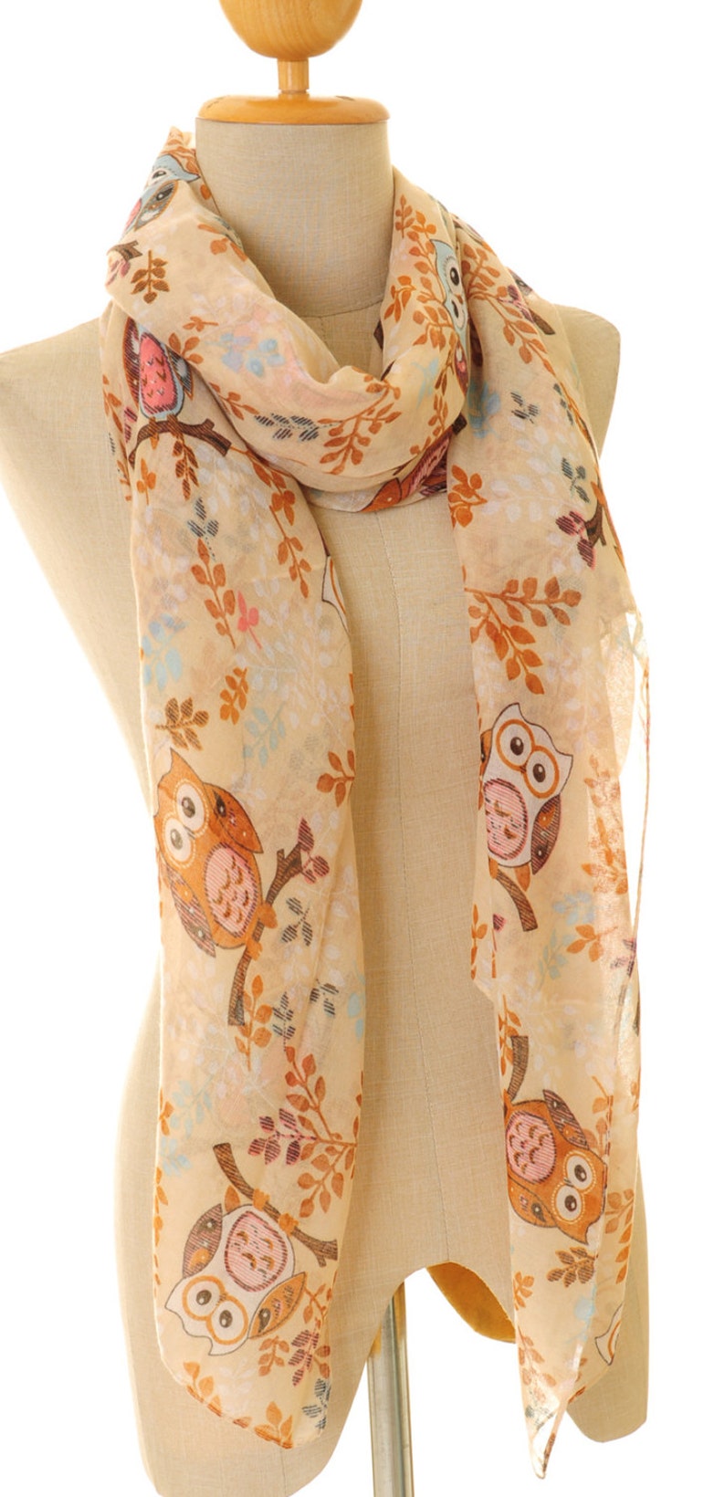 Beige Owl Scarf Owl Infinity Scarf Bird Scarf Floral Etsy