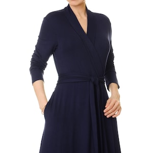 Navy Bamboo Robe: Long Kimono Loungewear with Pockets