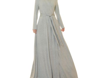 Heather Gray Bamboo Robe: Vintage Style Long Kimono Dressing Gown