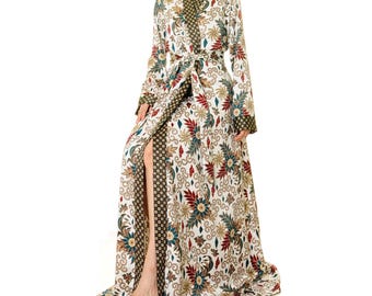 White Batik Kimono Robe: Silky Satin Boho Resort Gown