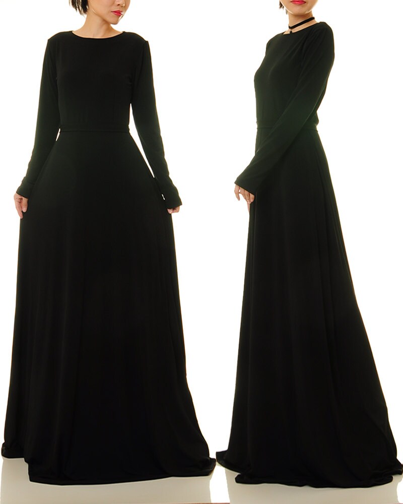 Tailored2Modesty Black Maxi Dress Long Sleeves | Long Black Dress | Fit Flare Dress | Black Gown Long Sleeve Abaya Black Evening Dress 6368
