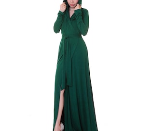 Emerald Green Hooded Robe: Floor Length Kimono Gown