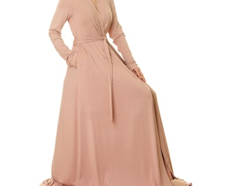 Dusty Pink Jersey Knit Robe: Floor Length Kimono Dressing Gown