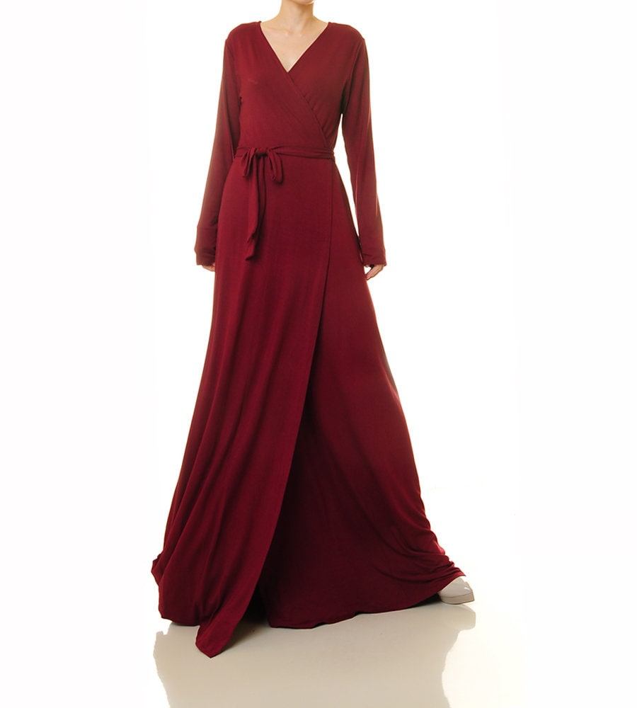 burgundy long sleeve wrap maxi dress Bluivy Burgundy Ruffle Hem Wrap Maxi Dress – ReFINE309 main image 1