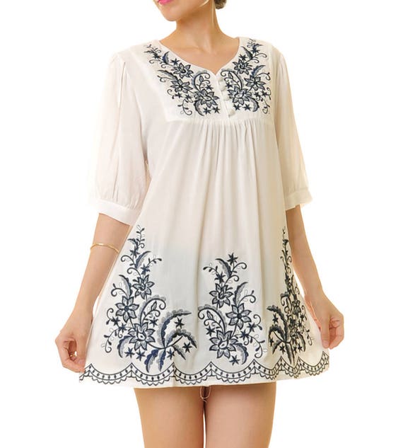 Mexican Tunic Dress Summer Embroidered Boho Top Cotton Embroidery