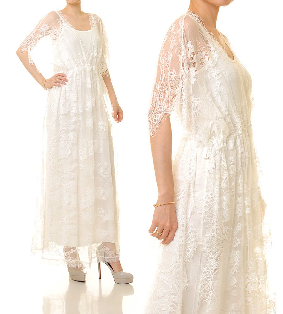 Vintage Dusty Dove Grey White Long Sleeve Maxi Wedding Lace Dress Hippie Floral Dot Sheer Ethereal XSS