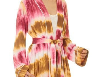 May include: A long, pink, brown, and white tie-dye robe with a white trim and a matching tie belt.