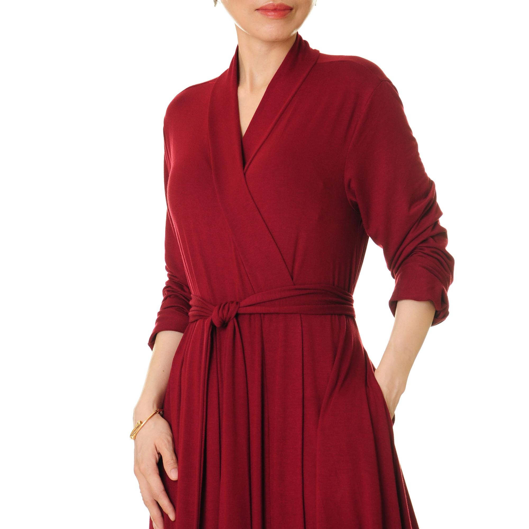 burgundy dressing gown womens Burgundy Satin Hooded Robe – Long Kimono Sleeve Dressing Gown XS/S / Burgundy main image 1