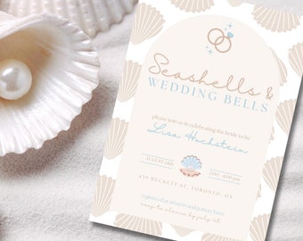 Seashells and Wedding Bells Coastal and Pearl Themed Bridal Shower Invitation - Digital Download