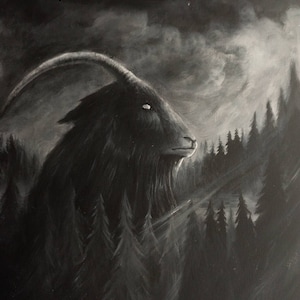 May include: A black and white painting of a goat's head with horns, looking up at a bright star in the night sky. The goat is surrounded by a dark forest with tall trees.