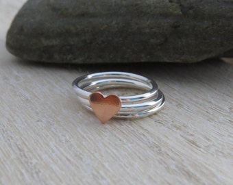 Silver stacking ring set with copper heart