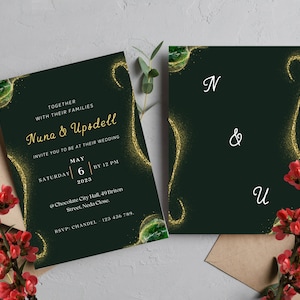 Invitation de mariage émeraude et or Set-Emerald and Gold Wedding Invitation-Thank You Card-Editable-Printable-Personalized card