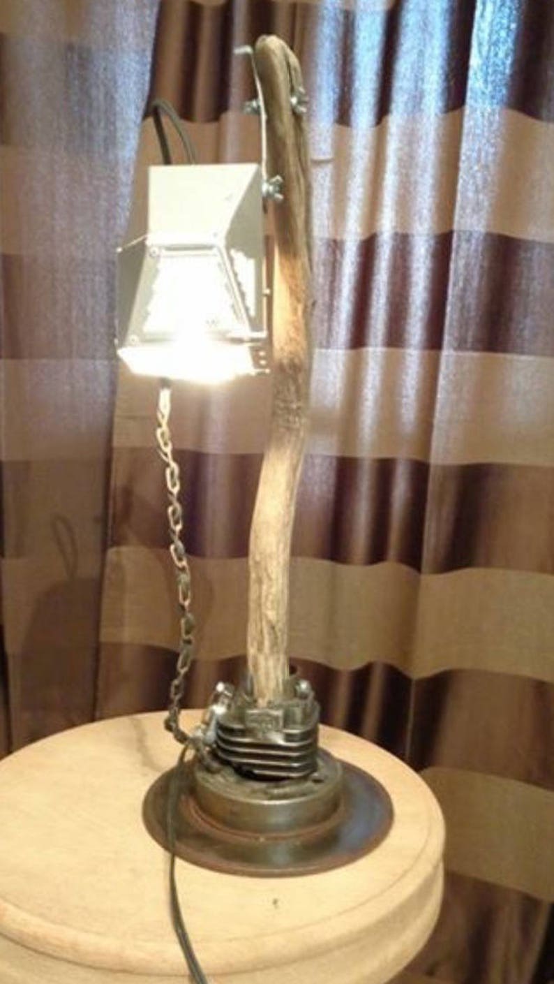 lamp drift wood and steel Backwoods club industrial lamp