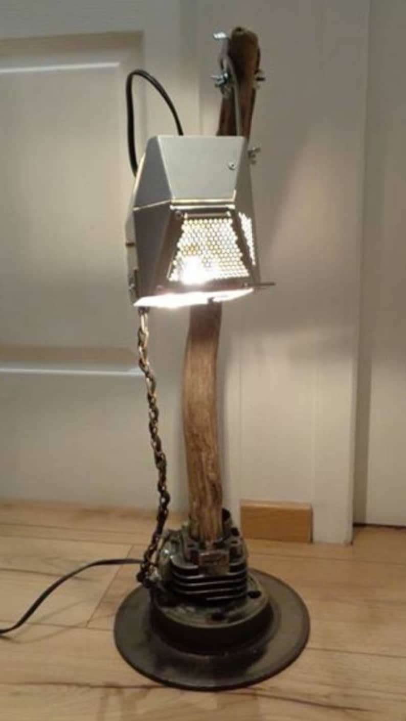 lamp drift wood and steel Backwoods club industrial lamp