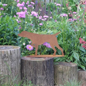 May include: A rusty metal silhouette of a dog standing on a wooden stump in a garden setting. The dog is facing to the right and is surrounded by pink flowers.