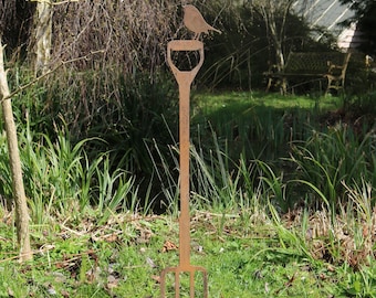 Rusty metal robin on fork outdoor and garden gift, retirement gift, steel anniversary gift, Christmas gift