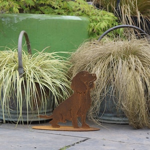 May include: A rusty metal silhouette of a dog sitting on a base. The dog is brown and has a long tail. The silhouette is in front of two rusty metal buckets with plants growing out of them.