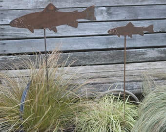 Rusty Steel Trout Garden Art - British Made Pair