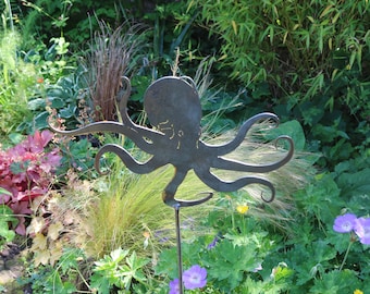Rusty Metal Octopus Garden Stake, Outdoor Sculpture, Steel Anniversary Gift