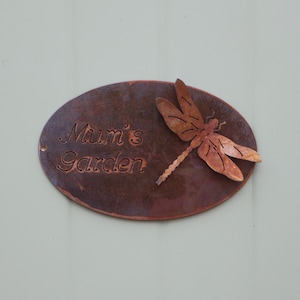 Rusty metal dragonfly wall mounted garden sign gift, steel anniversary, 11th anniversary,dragonfly garden gift - can be personalised