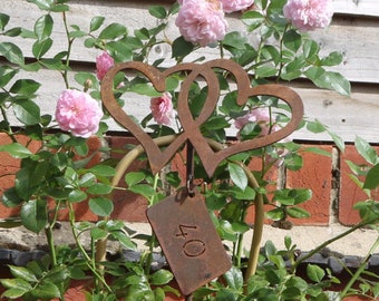 Personalized Rusty Metal Entwined Hearts Garden Decoration, Anniversary Gift