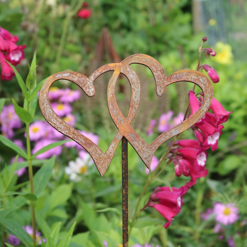 Peut inclure: Deux c&oelig;urs en m&eacute;tal rouill&eacute; entrelac&eacute;s, formant un seul c&oelig;ur, sont mont&eacute;s sur une tige en m&eacute;tal. Les c&oelig;urs sont plac&eacute;s sur un fond de fleurs roses et violettes dans un jardin.