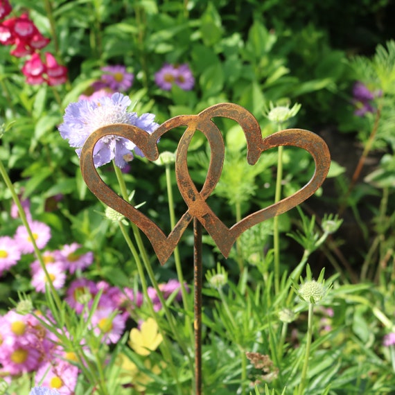 Rusty Metal Entwined Hearts Garden Stake, Anniversary Gift