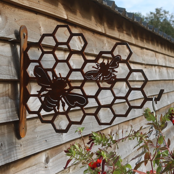 Rusty metal bee gift, bee home decor gift, bee outdoor and garden gift,  original design bees and honeycomb wall plant hanging bracket