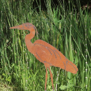 Rusty Metal Heron Garden Art, Outdoor Pond Decoration