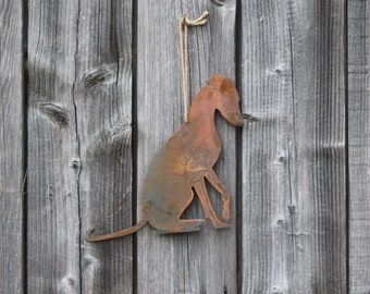Rusty metal hanging greyhound/whippet/lurcher decoration, greyhound/whippet outdoor and garden gift, memorial gift