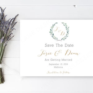 DESENHAMOS E EDITAMOS | Salvar o cartão de data | Cartão do anúncio do casamento | Impressão personalizada | Estilo Verde | Coleção Josie