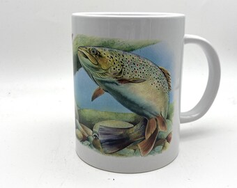 Trout fishing creel cup, 15 oz,  anniversary, wedding, birthday, all occasion, art glass, anything dish, birthday, gift, mug, river, fish,