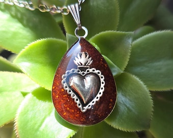 New Mexican red chile and Sacred Heart pendant