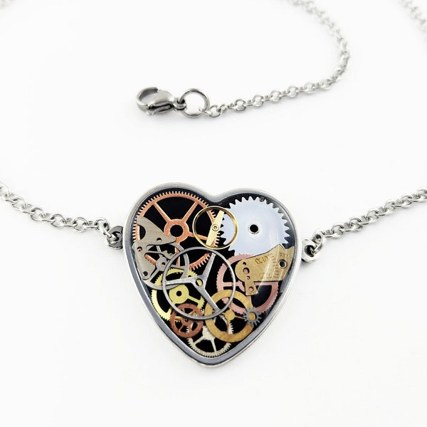 Stainless steel clockwork heart necklace