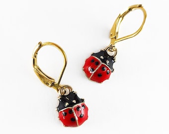 Ladybug leverback gold or silver tone earrings