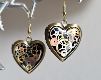 Clockwork heart locket earrings
