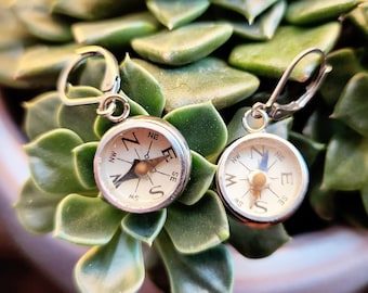 Tiny compass lever back stainless steel earrings