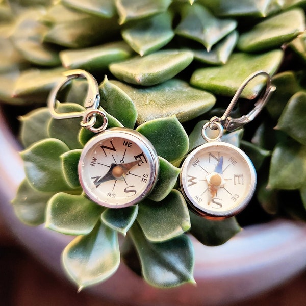 Tiny compass lever back stainless steel earrings