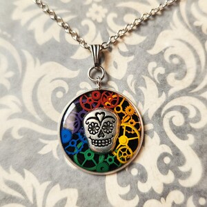 Sugar Skull and colorful gears pendant