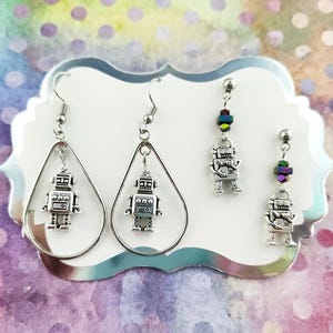 Tiny robot dangle and post earring set