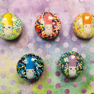 Happy pills and candy sprinkles resin magnets