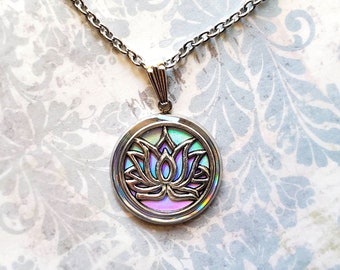 Lotus and holographic background stainless steel necklace