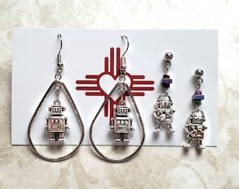 Tiny robot dangle and post earring set