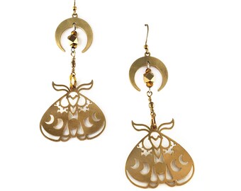 Brass moon and moth earrings
