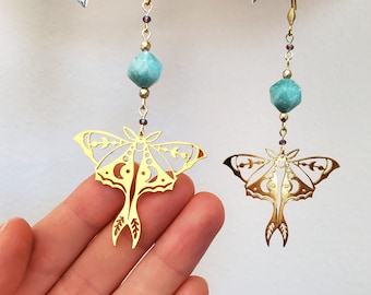 Gold plated brass Luna moth and aventurine earrings