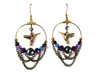 Hummingbird and jewel toned bead hoop earrings